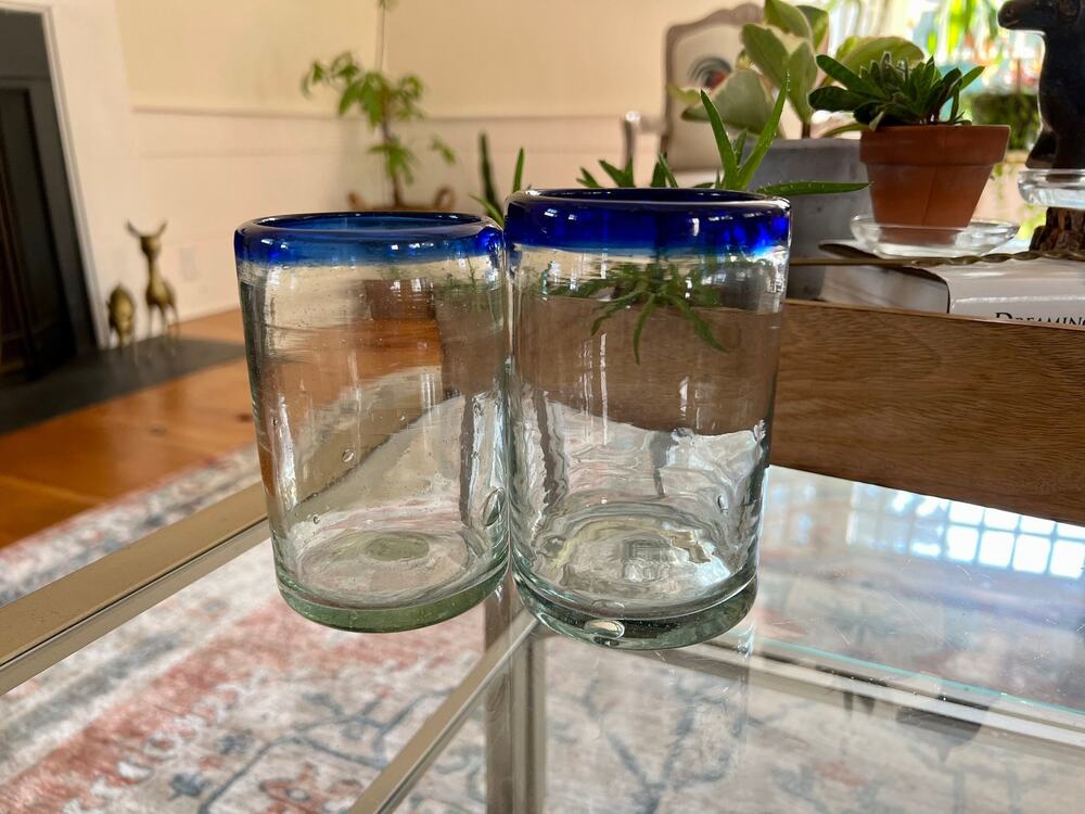 Vintage Mexican Hand Blown Glasses Cobalt Blue Rim Bubble Glass Set of 2